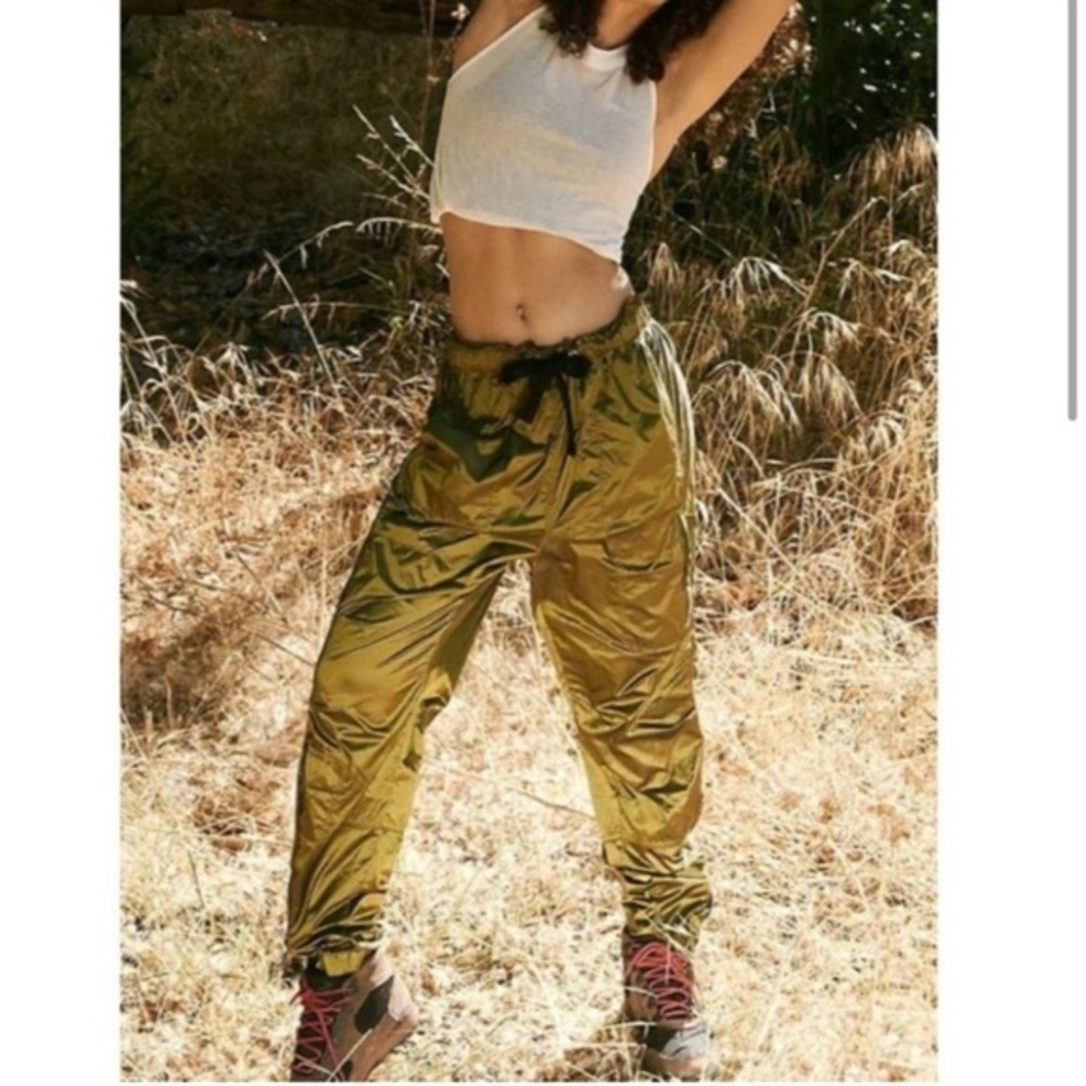 Free People sz L green Back to the Future reflective slick feel high rise pants